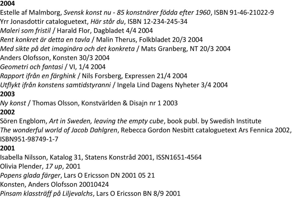 Geometri och fantasi / VI, 1/4 2004 Rapport ifrån en färghink / Nils Forsberg, Expressen 21/4 2004 Utflykt ifrån konstens samtidstyranni / Ingela Lind Dagens Nyheter 3/4 2004 2003 Ny konst / Thomas