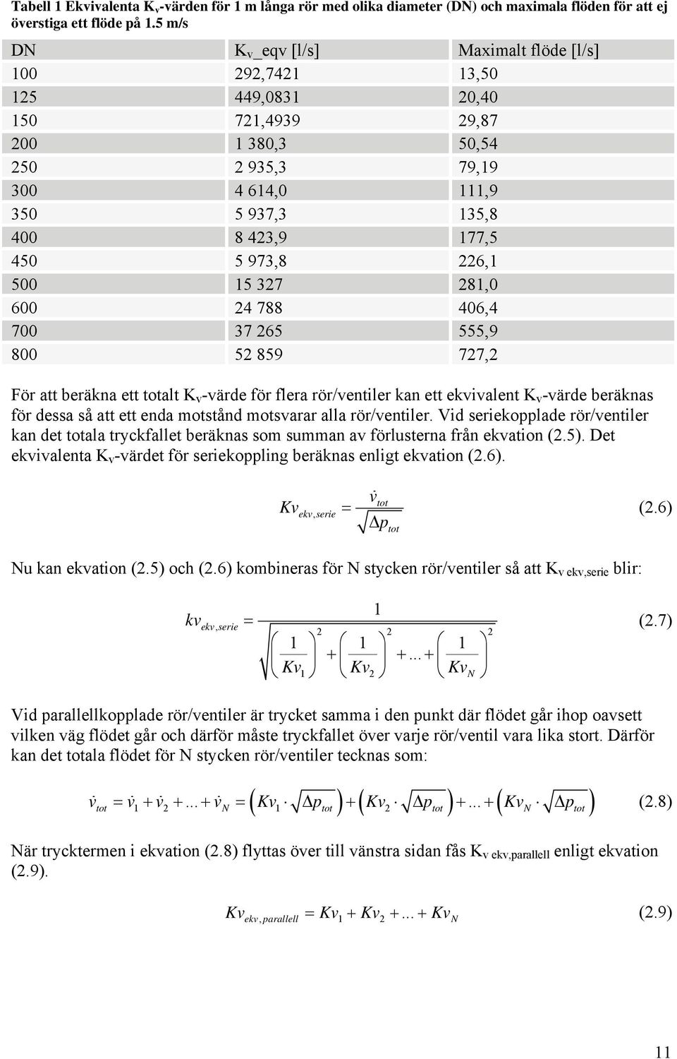att beräkna ett totalt K v -värde för flera rör/ventiler kan ett ekvivalent K v -värde beräknas för dessa så att ett enda motstånd motsvarar alla rör/ventiler.