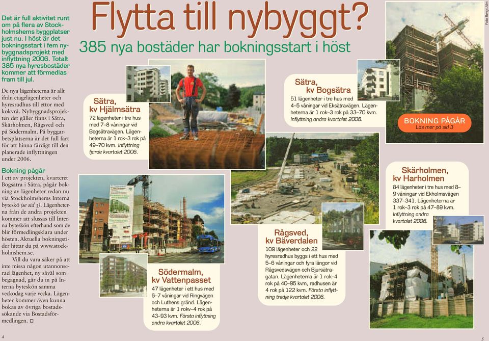 Nybyggnadsprojekten det gäller finns i Sätra, Skärholmen, Rågsved och på Södermalm. På byggarbetsplatserna är det full fart för att hinna färdigt till den planerade inflyttningen under 2006.