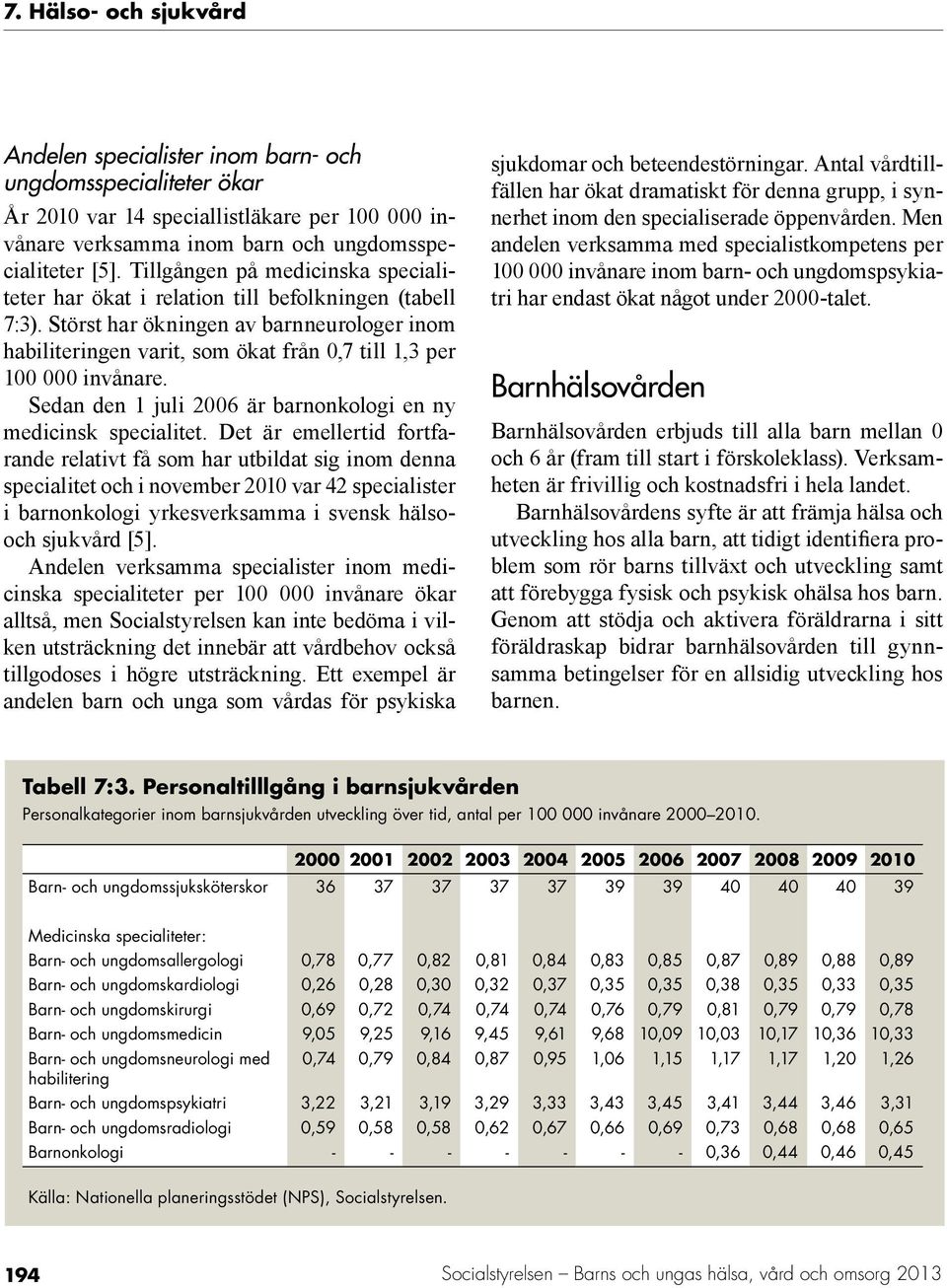 Störst har ökningen av barnneurologer inom habiliteringen varit, som ökat från 0,7 till 1,3 per 100 000 invånare. Sedan den 1 juli 2006 är barnonkologi en ny medicinsk specialitet.