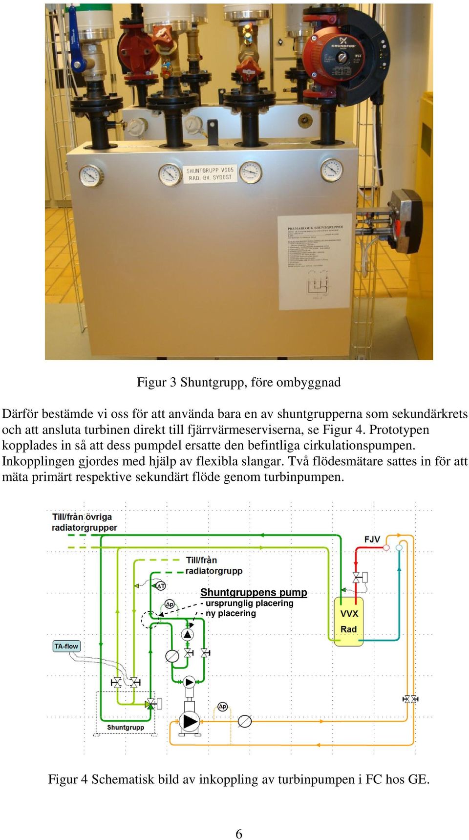 Prototypen kopplades in så att dess pumpdel ersatte den befintliga cirkulationspumpen. Inkopplingen gjordes med hjälp av flexibla slangar.