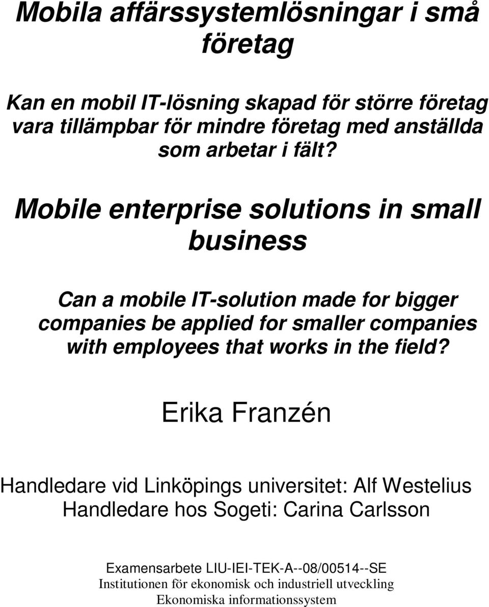 Mobile enterprise solutions in small business Can a mobile IT-solution made for bigger companies be applied for smaller companies with