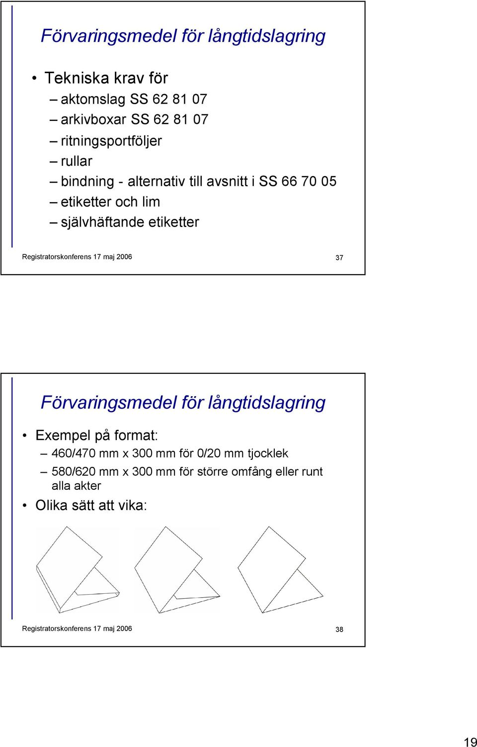 Registratorskonferens 17 maj 2006 37 Förvaringsmedel för långtidslagring Exempel på format: 460/470 mm x 300 mm för