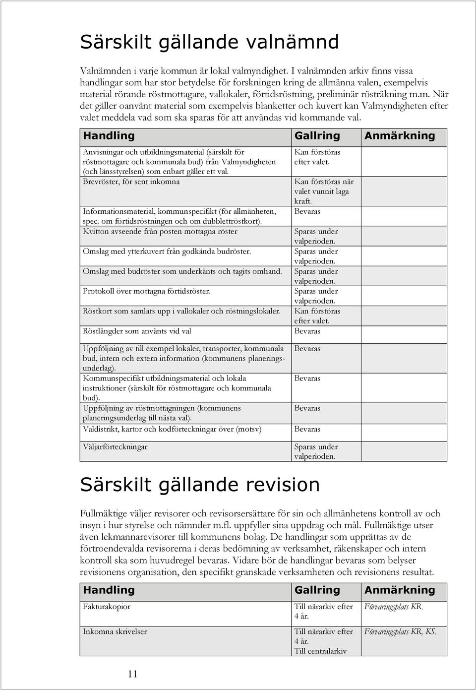 rösträkning m.m. När det gäller oanvänt material som exempelvis blanketter och kuvert kan Valmyndigheten efter valet meddela vad som ska sparas för att användas vid kommande val.