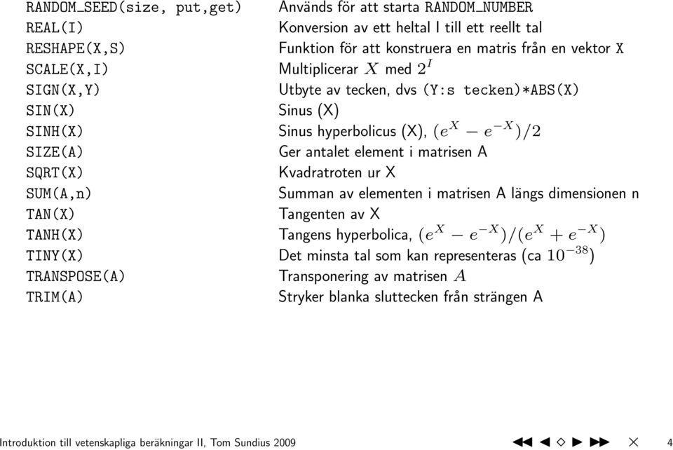 A SQRT(X) Kvadratroten ur X SUM(A,n) Summan av elementen i matrisen A längs dimensionen n TAN(X) Tangenten av X TANH(X) Tangens hyperbolica, (e X e X )/(e X + e X ) TINY(X) Det minsta tal