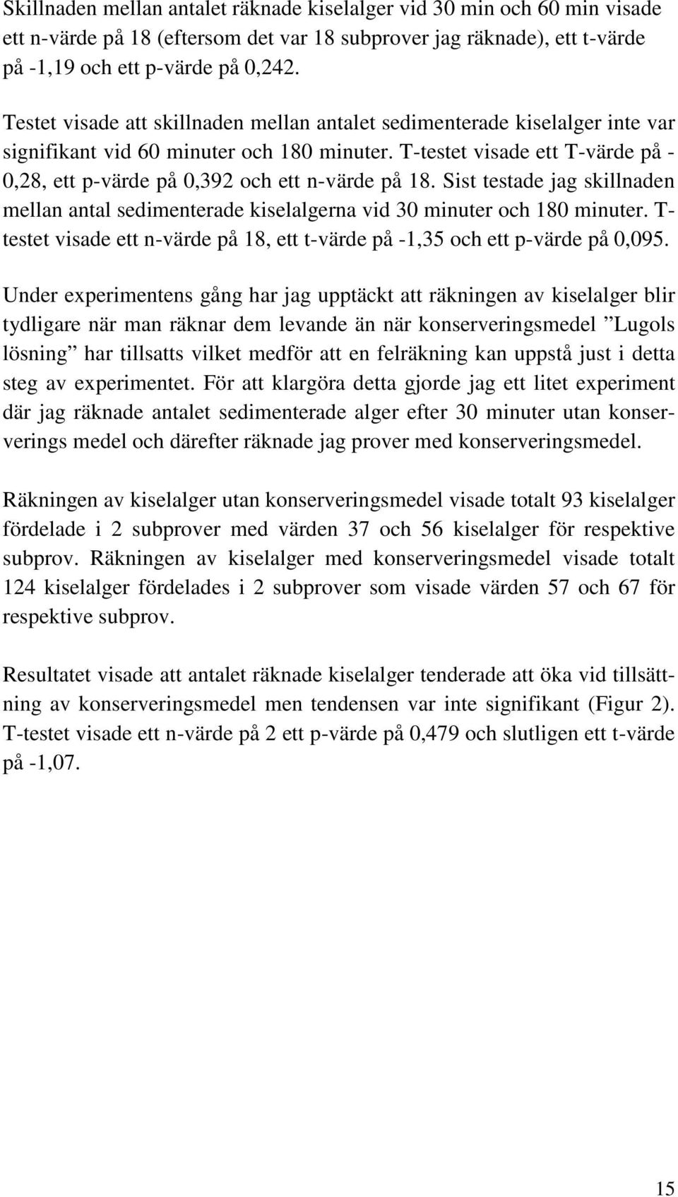 T-testet visade ett T-värde på - 0,28, ett p-värde på 0,392 och ett n-värde på 18. Sist testade jag skillnaden mellan antal sedimenterade kiselalgerna vid 30 minuter och 180 minuter.