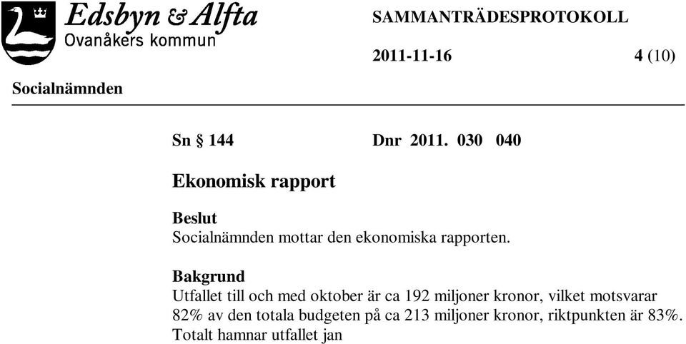 totala budgeten på ca 213 miljoner kronor, riktpunkten är 83%.