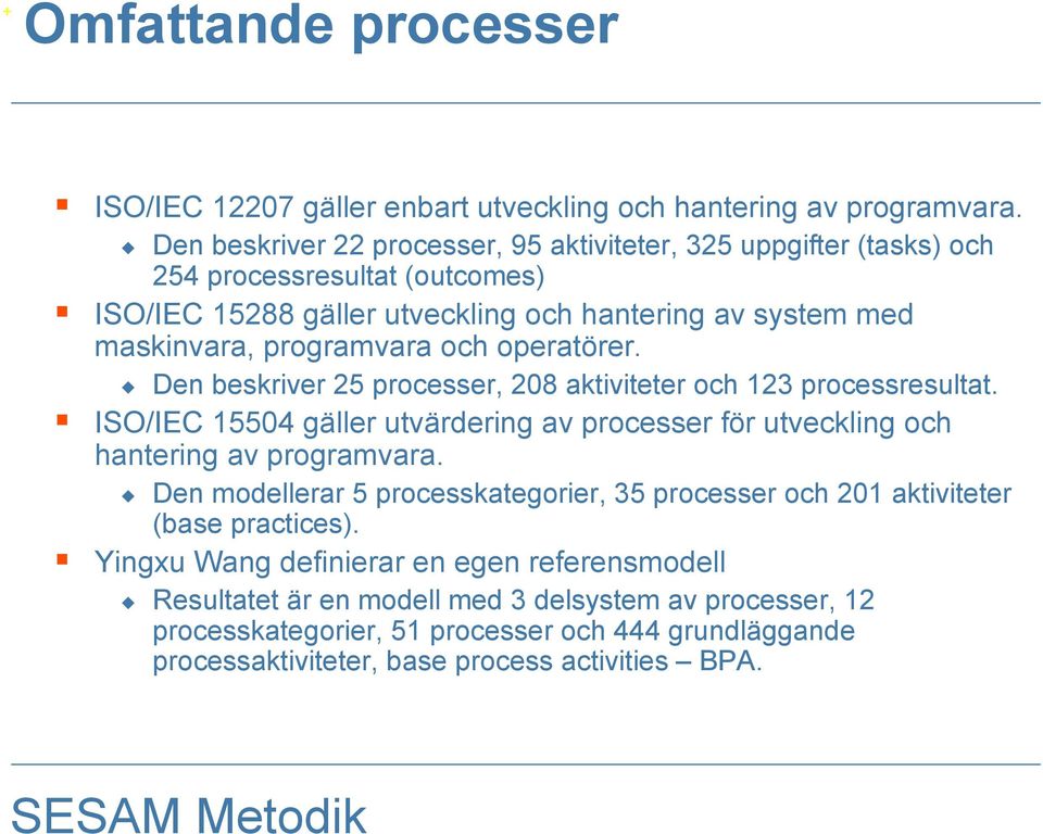 och operatörer. u Den beskriver 25 processer, 208 aktiviteter och 123 processresultat. ISO/IEC 15504 gäller utvärdering av processer för utveckling och hantering av programvara.