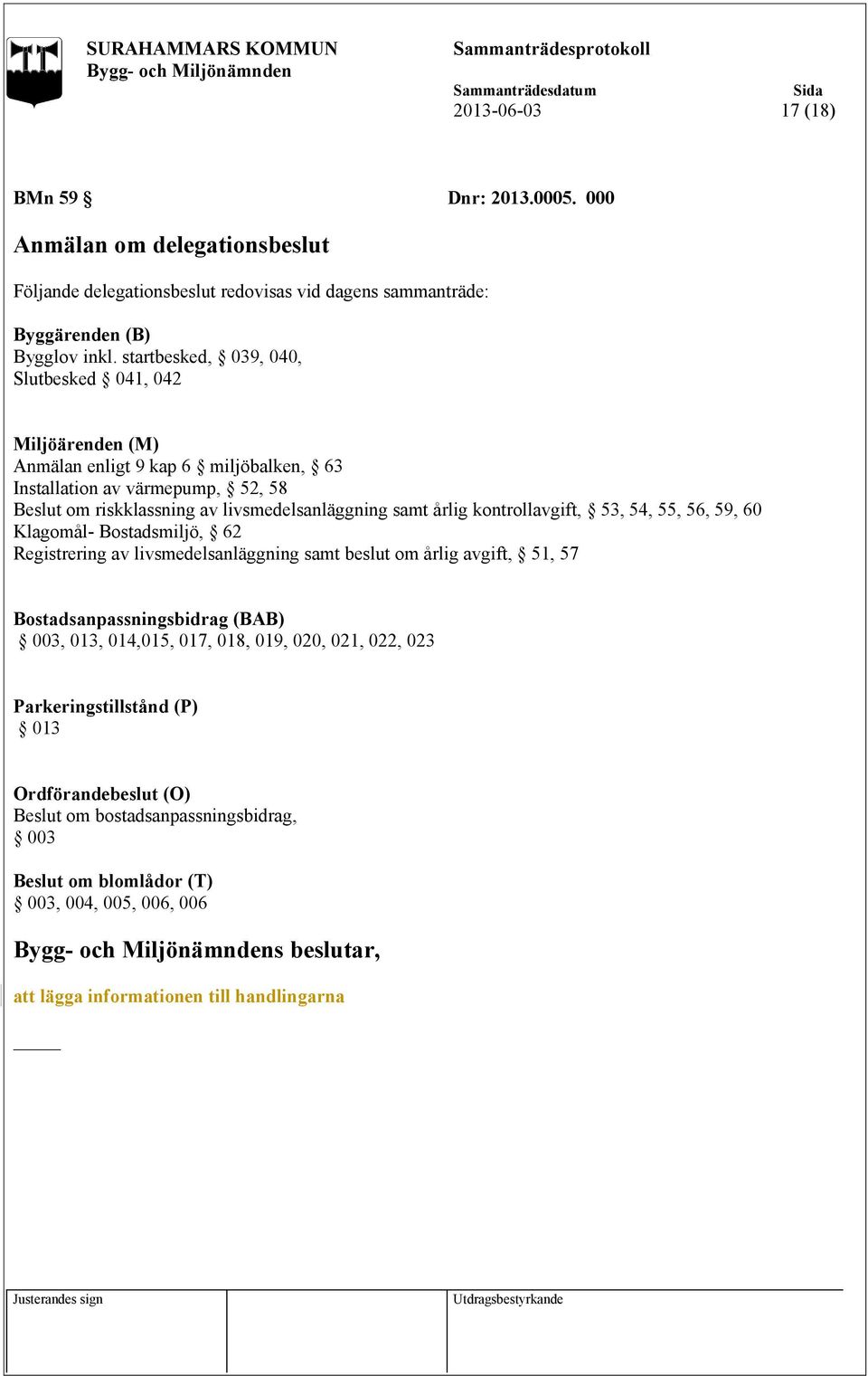 kontrollavgift, 53, 54, 55, 56, 59, 60 Klagomål- Bostadsmiljö, 62 Registrering av livsmedelsanläggning samt beslut om årlig avgift, 51, 57 Bostadsanpassningsbidrag (BAB) 003, 013, 014,015,