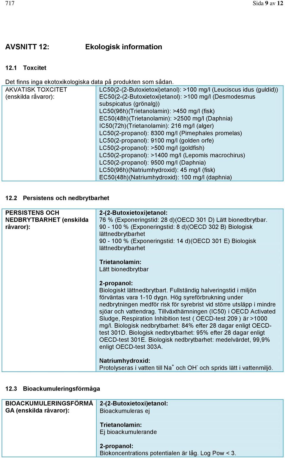 LC50(96h)(Trietanolamin): >450 mg/l (fisk) EC50(48h)(Trietanolamin): >2500 mg/l (Daphnia) IC50(72h)(Trietanolamin): 216 mg/l (alger) LC50(2-propanol): 8300 mg/l (Pimephales promelas)