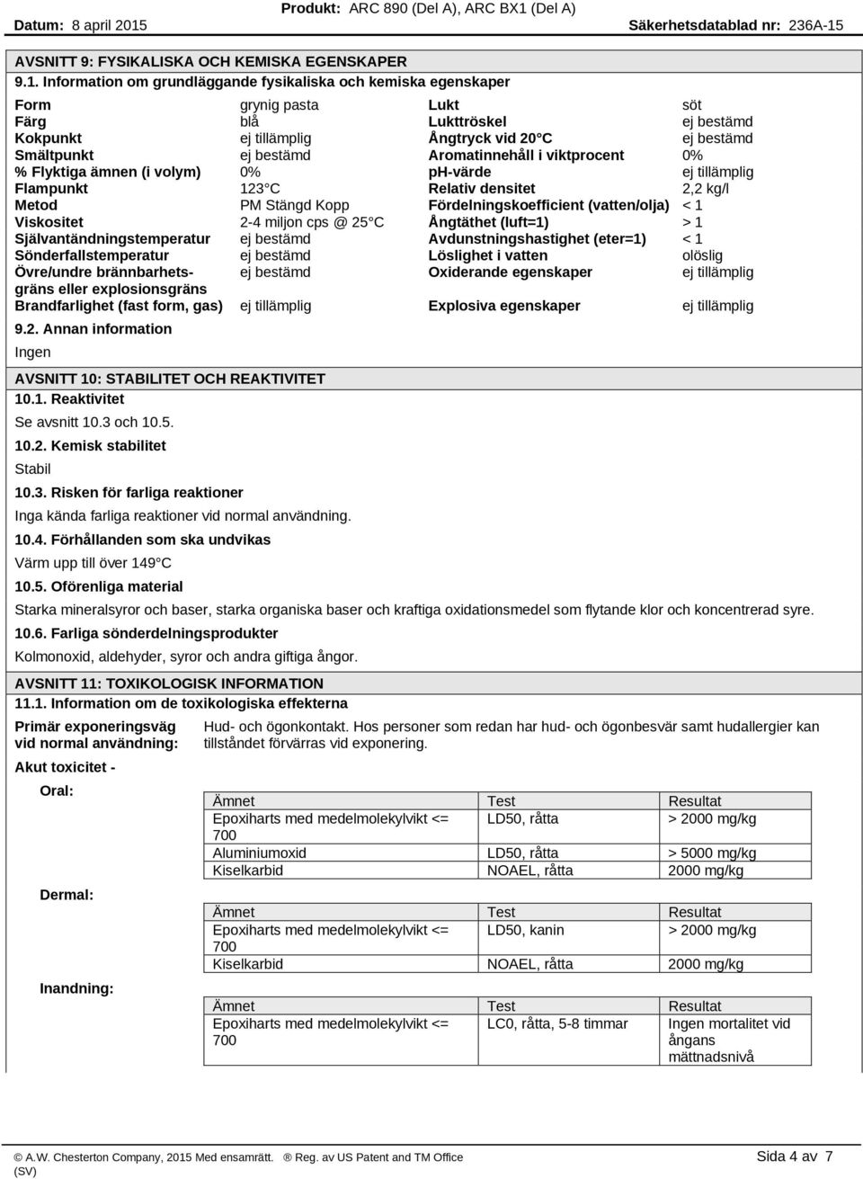 viktprocent 0% % Flyktiga ämnen (i volym) 0% ph-värde Flampunkt 123 C Relativ densitet 2,2 kg/l Metod PM Stängd Kopp Fördelningskoefficient (vatten/olja) < 1 Viskositet 2-4 miljon cps @ 25 C