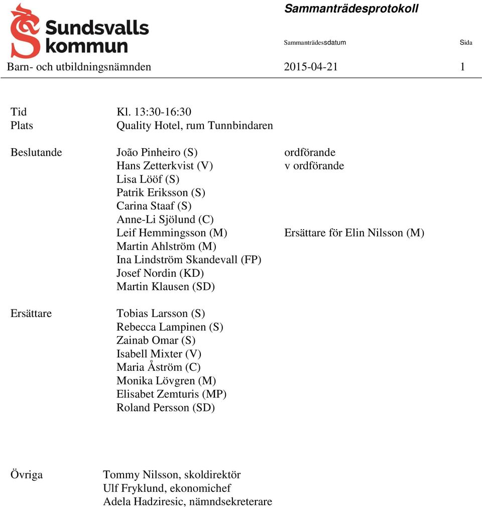 Carina Staaf (S) Anne-Li Sjölund (C) Leif Hemmingsson (M) Ersättare för Elin Nilsson (M) Martin Ahlström (M) Ina Lindström Skandevall (FP) Josef Nordin (KD)