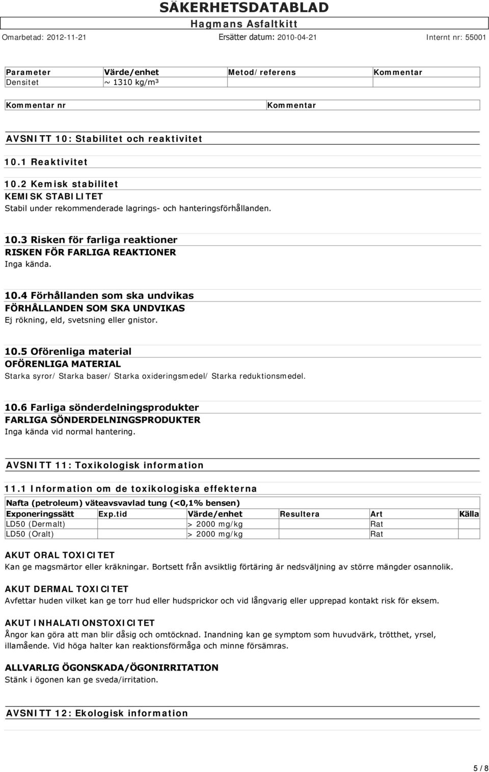 3 Risken för farliga reaktioner RISKEN FÖR FARLIGA REAKTIONER Inga kända. 10.4 Förhållanden som ska undvikas FÖRHÅLLANDEN SOM SKA UNDVIKAS Ej rökning, eld, svetsning eller gnistor. 10.5 Oförenliga material OFÖRENLIGA MATERIAL Starka syror/ Starka baser/ Starka oxideringsmedel/ Starka reduktionsmedel.