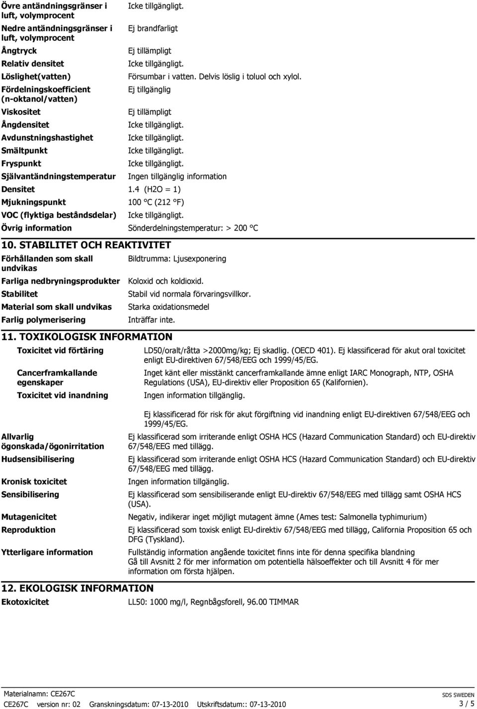 4 (H2O = 1) Mjukningspunkt VOC (flyktiga beståndsdelar) 100 C (212 F) Sönderdelningstemperatur: > 200 C 10.