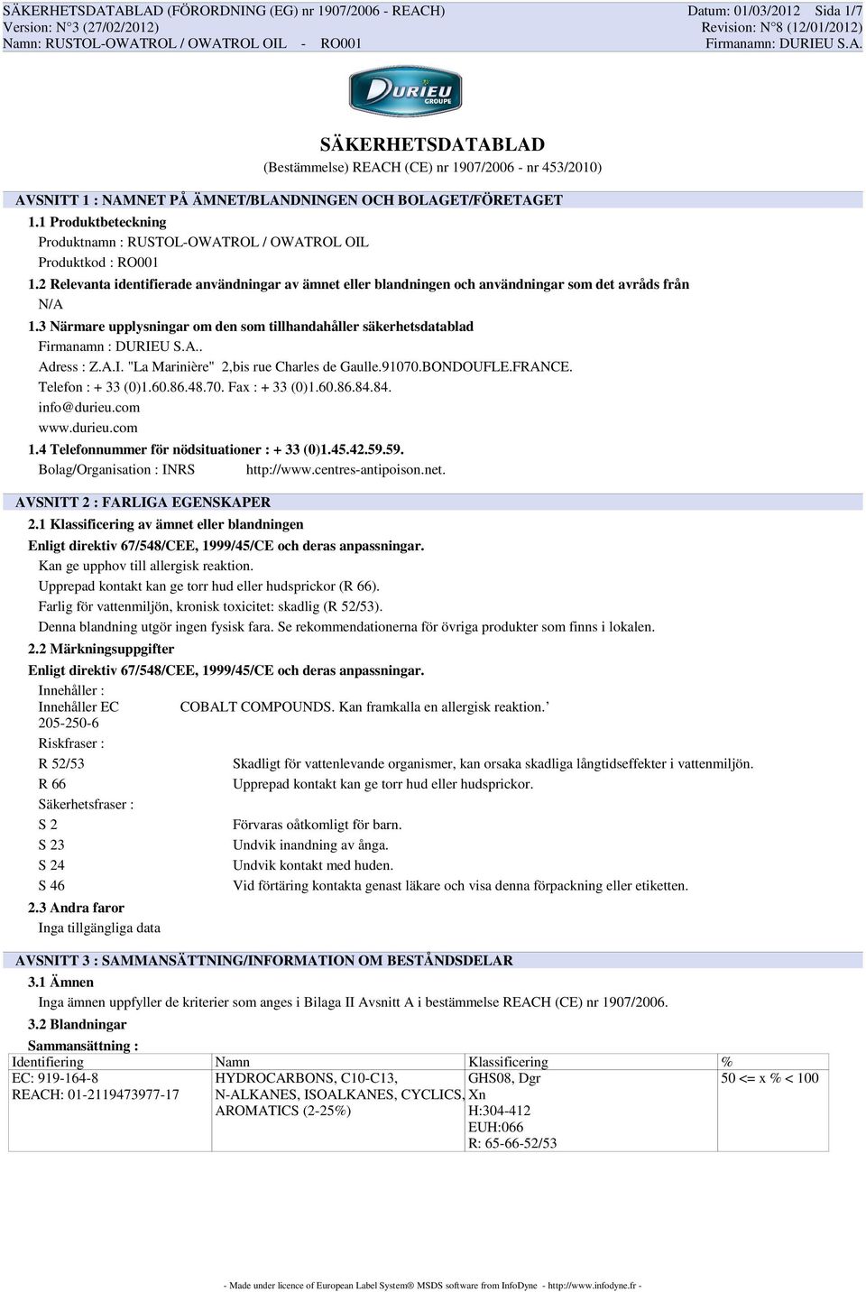 2 Relevanta identifierade användningar av ämnet eller blandningen och användningar som det avråds från 1.3 Närmare upplysningar om den som tillhandahåller säkerhetsdatablad Firmanamn : DURIEU S.A.