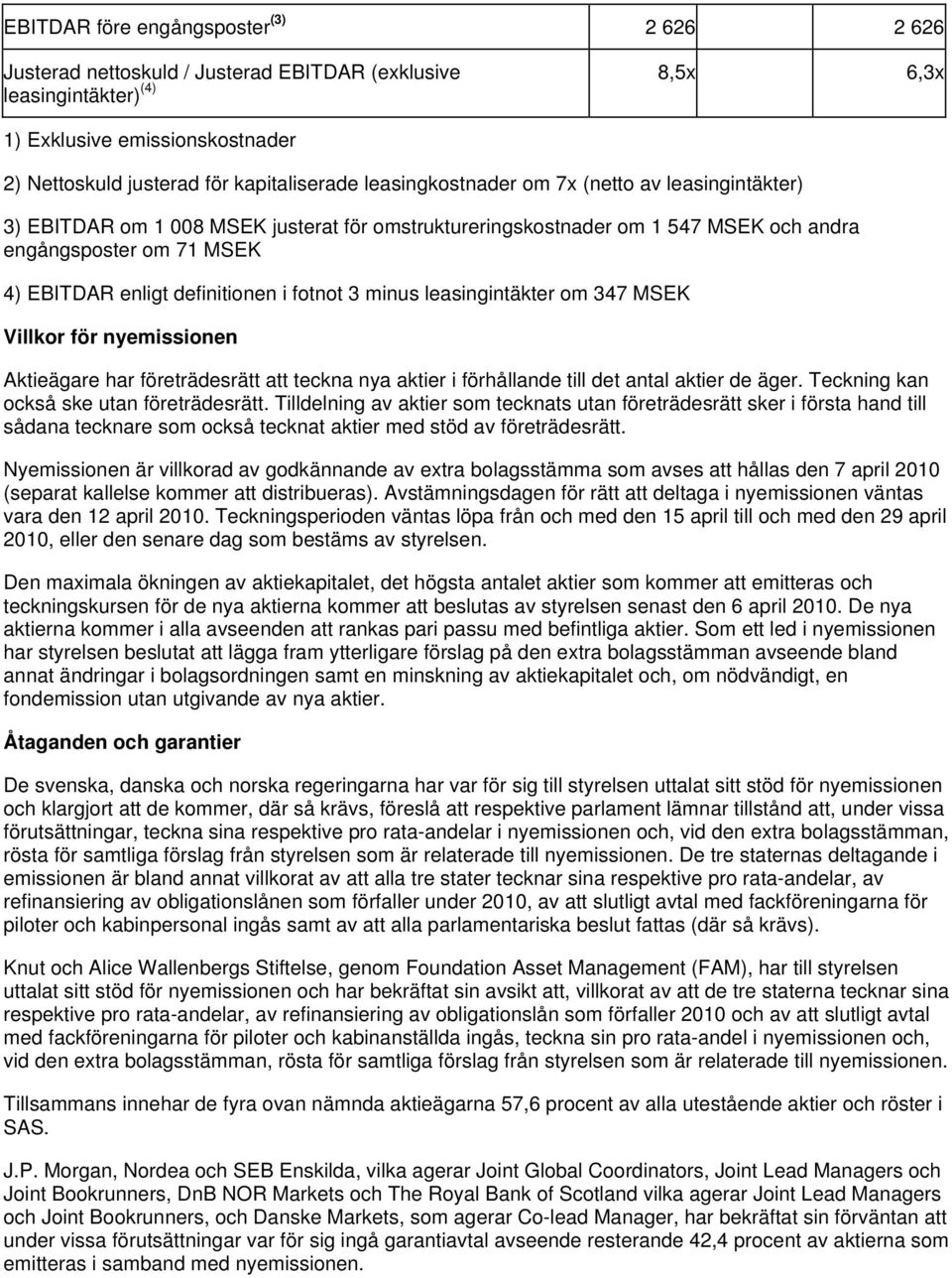 fotnot 3 minus leasingintäkter om 347 MSEK Villkor för nyemissionen Aktieägare har företrädesrätt att teckna nya aktier i förhållande till det antal aktier de äger.