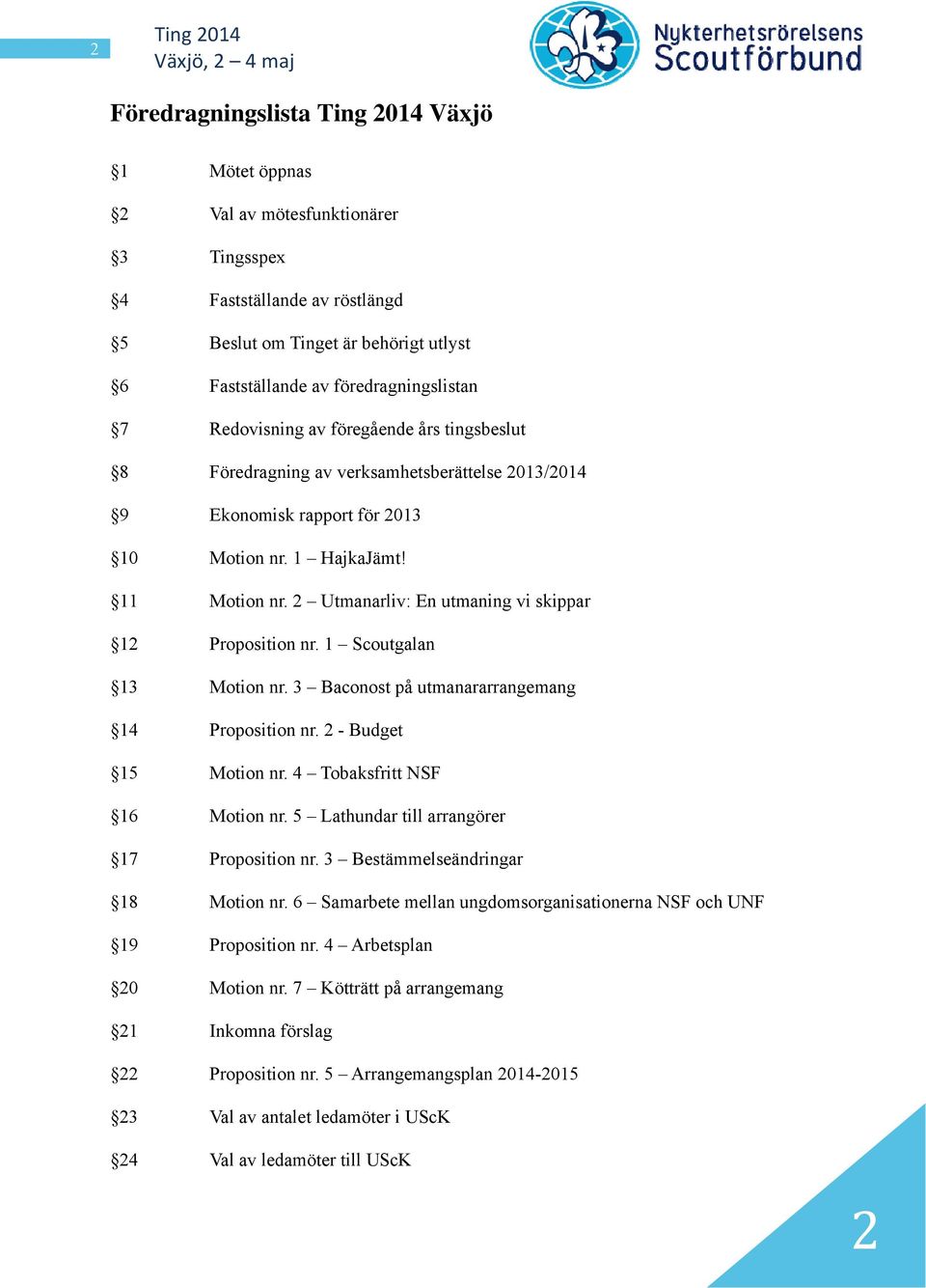 2 Utmanarliv: En utmaning vi skippar 12 Proposition nr. 1 Scoutgalan 13 Motion nr. 3 Baconost på utmanararrangemang 14 Proposition nr. 2 - Budget 15 Motion nr. 4 Tobaksfritt NSF 16 Motion nr.