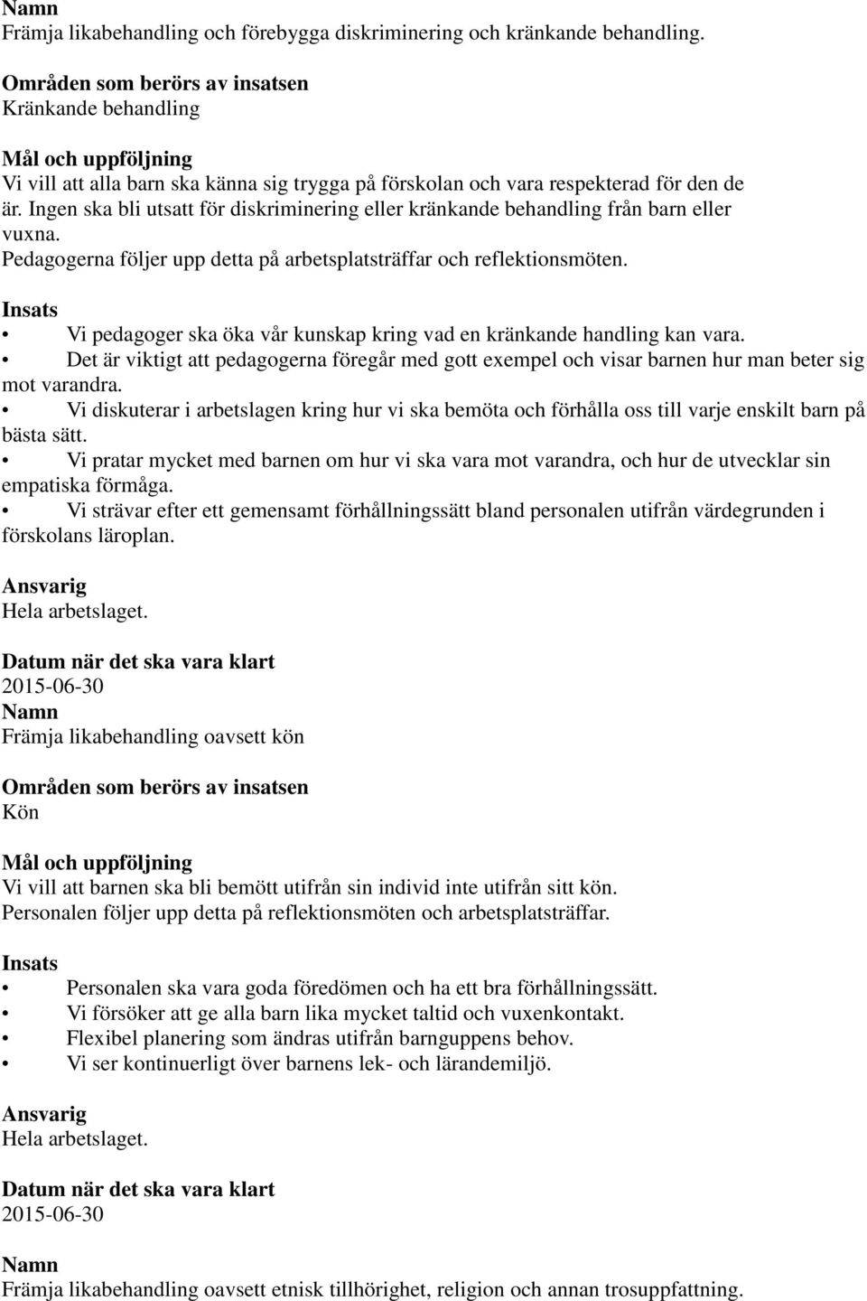 Ingen ska bli utsatt för diskriminering eller kränkande behandling från barn eller vuxna. Pedagogerna följer upp detta på arbetsplatsträffar och reflektionsmöten.