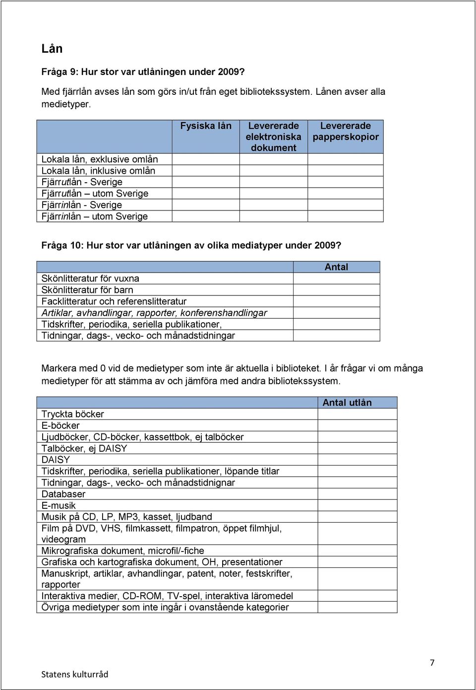 Levererade papperskopior Fråga 10: Hur stor var utlåningen av olika mediatyper under 2009?