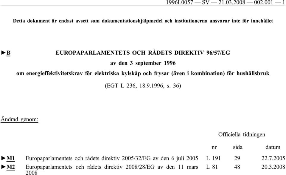 RÅDETS DIREKTIV 96/57/EG av den 3 september 1996 om energieffektivitetskrav för elektriska kylskåp och frysar (även i kombination) för