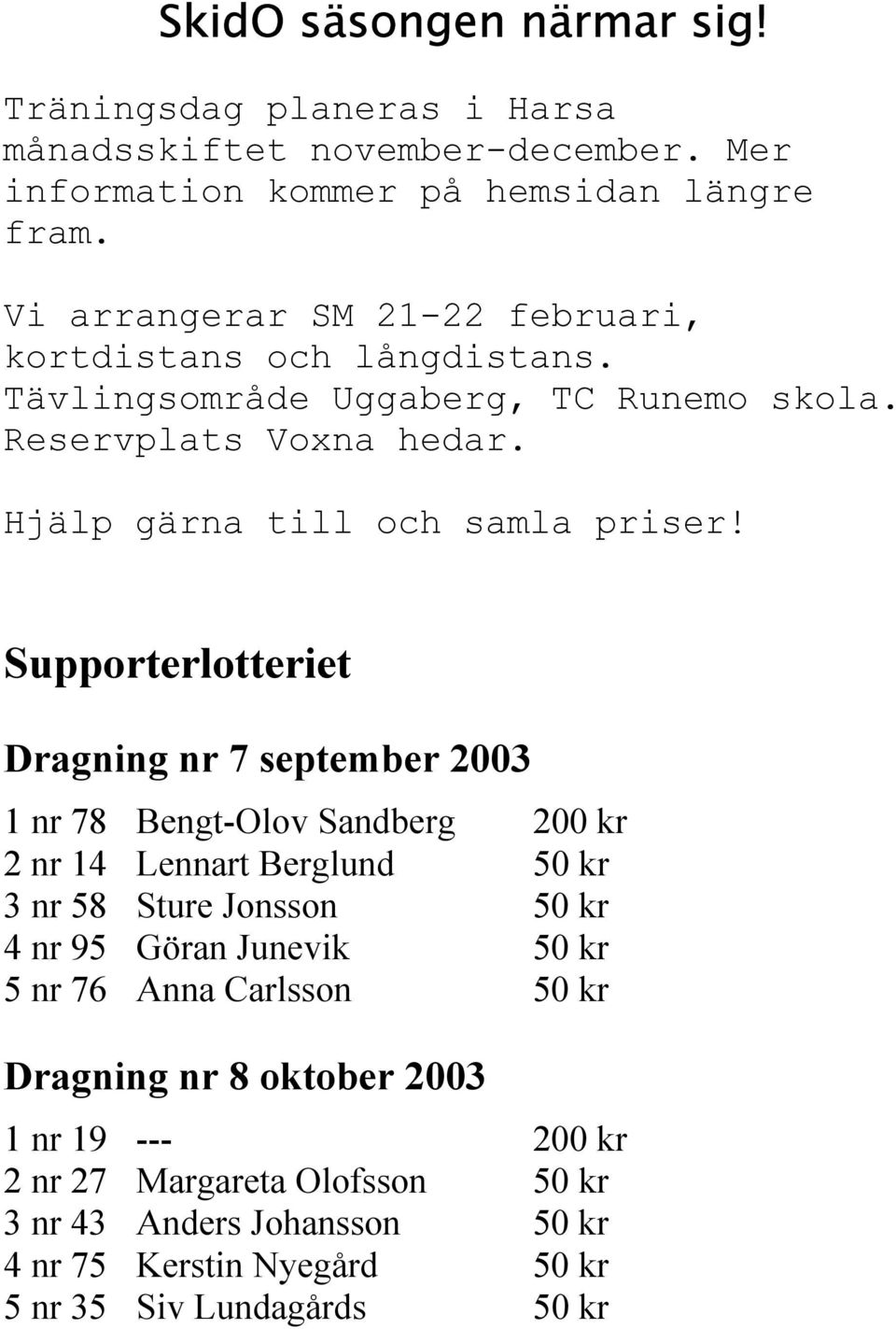 Supporterlotteriet Dragning nr 7 september 2003 1 nr 78 Bengt-Olov Sandberg 200 kr 2 nr 14 Lennart Berglund 50 kr 3 nr 58 Sture Jonsson 50 kr 4 nr 95 Göran Junevik 50