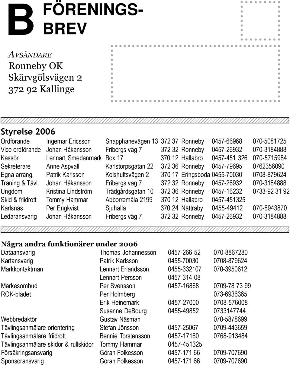 Styrelse 2006 Ordförande Ingemar Ericsson Snapphanevägen 13 372 37 Ronneby 0457-66968 070-5081725 Vice ordförande Johan Håkansson Fribergs väg 7 372 32 Ronneby 0457-26932 070-3184888 Kassör Lennart