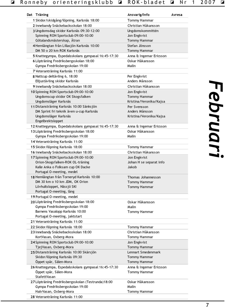 16:45-17:30 Anna & Ingemar Ericsson 6 Löpträning Fredriksbergsskolan 18:00 7 Veteranträning Karlsnäs 11:00 8 Nattcup deltävling 6, 18:00 Elljustävling skidor Karlsnäs 9 Innebandy Snäckebacksskolan