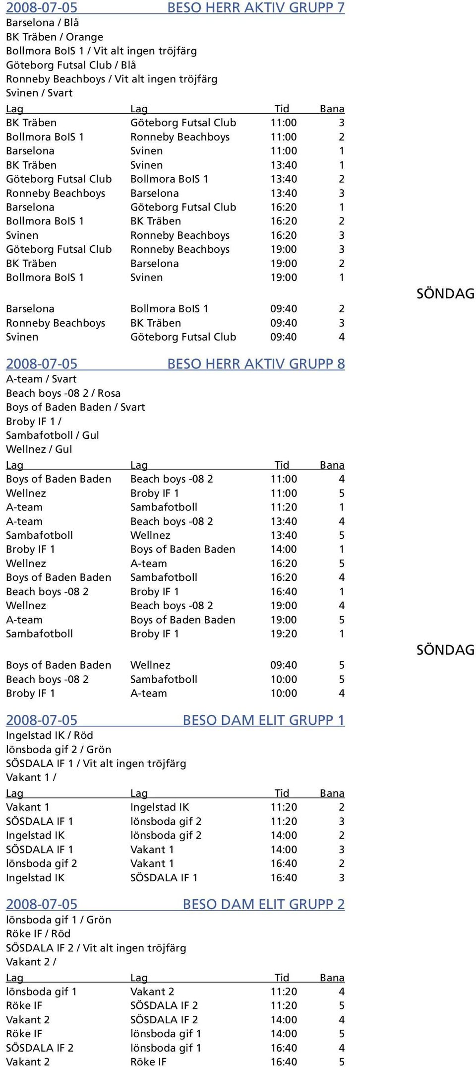 Barselona 13:40 3 Barselona Göteborg Futsal Club 16:20 1 Bollmora BoIS 1 BK Träben 16:20 2 Svinen Ronneby Beachboys 16:20 3 Göteborg Futsal Club Ronneby Beachboys 19:00 3 BK Träben Barselona 19:00 2