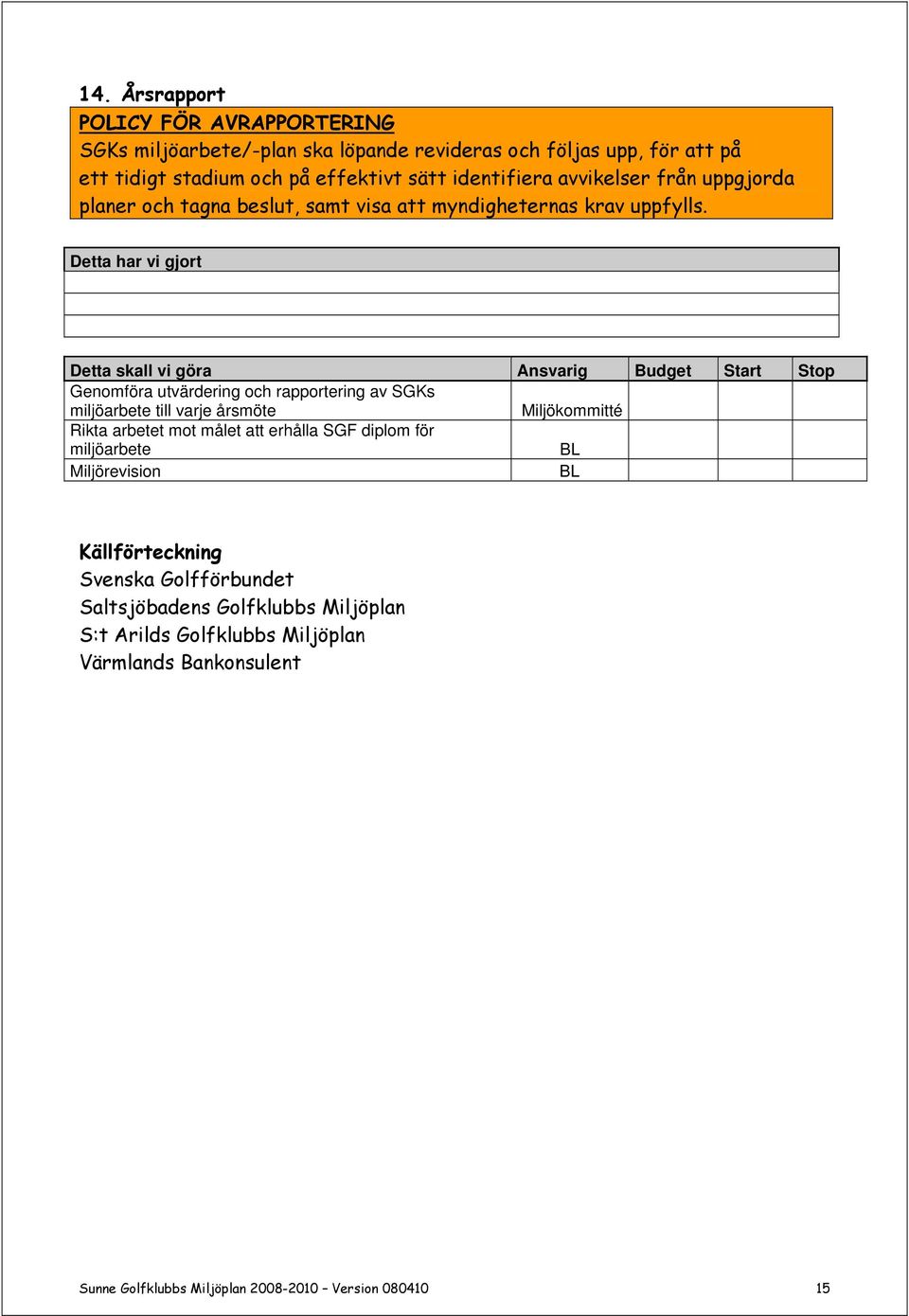 Genomföra utvärdering och rapportering av SGKs miljöarbete till varje årsmöte Miljökommitté Rikta arbetet mot målet att erhålla SGF diplom för