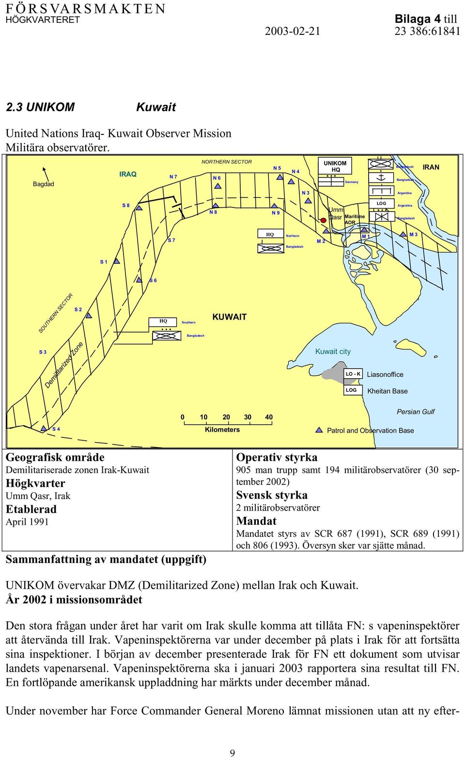 3 S 1 S 6 SOUTHERN SECTOR S 2 HQ Southern Bangladesh KUWAIT S 3 Demilitarized Zone Kuwait city LO - K LOG Liasonoffice Kheitan Base S 4 0 10 20 30 40 Kilometers Patrol and Observation Base Persian