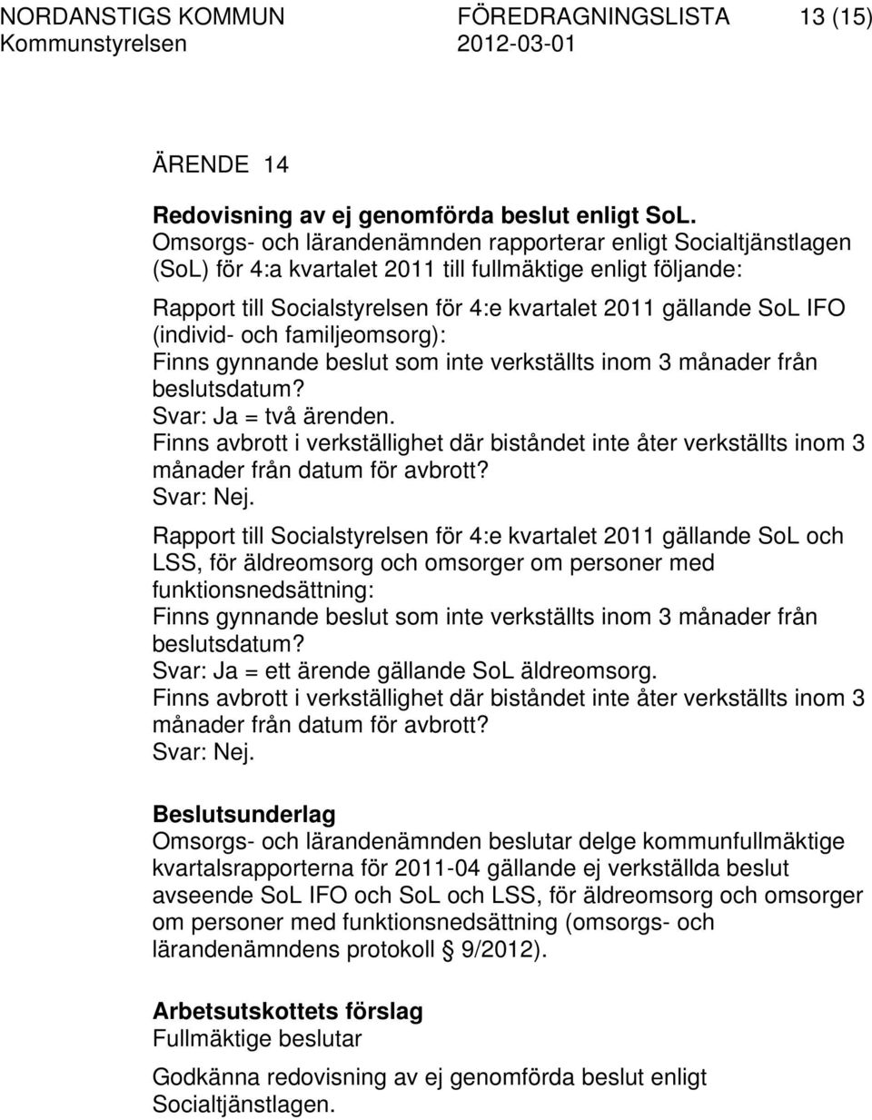 (individ- och familjeomsorg): Finns gynnande beslut som inte verkställts inom 3 månader från beslutsdatum? Svar: Ja = två ärenden.