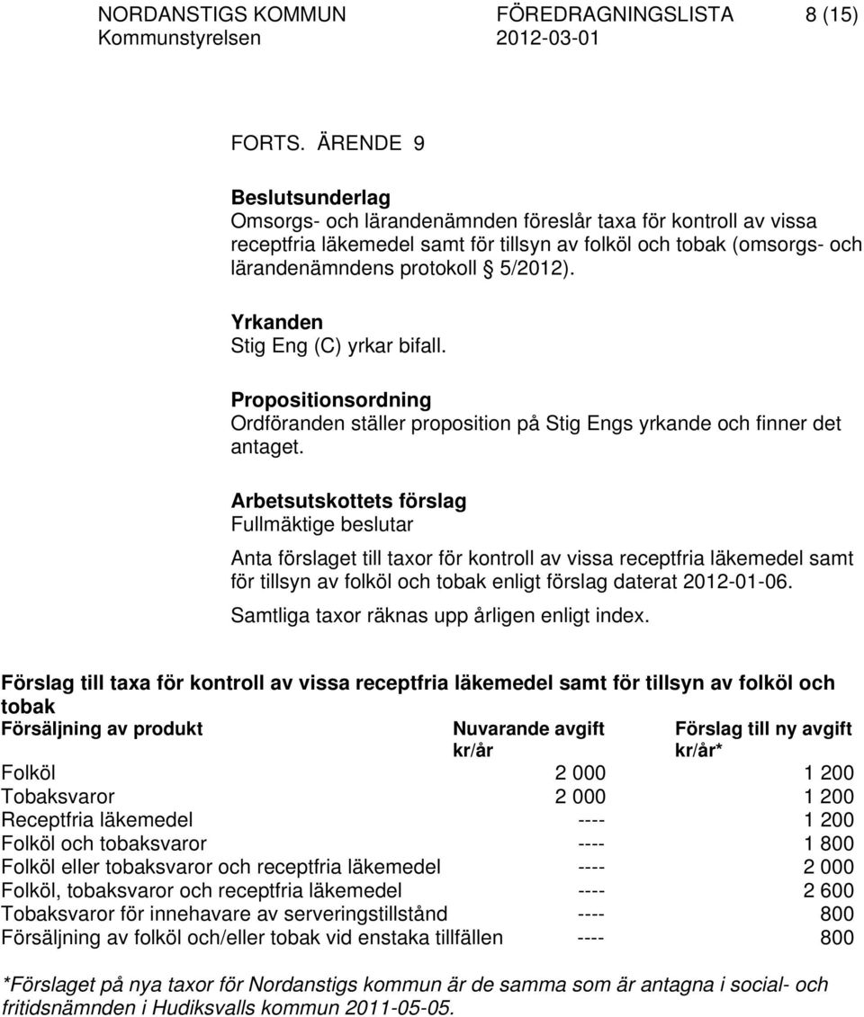 Yrkanden Stig Eng (C) yrkar bifall. Propositionsordning Ordföranden ställer proposition på Stig Engs yrkande och finner det antaget.