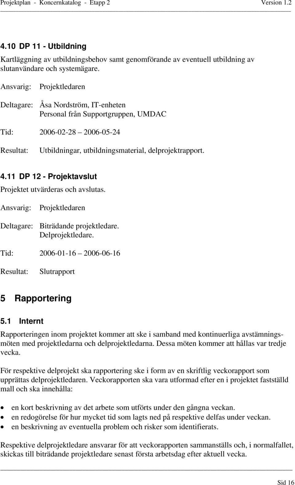 11 DP 12 - Projektavslut Projektet utvärderas och avslutas. Projektledaren Deltagare: Biträdande projektledare. Delprojektledare. Tid: 2006-01-16 2006-06-16 Slutrapport 5 Rapportering 5.