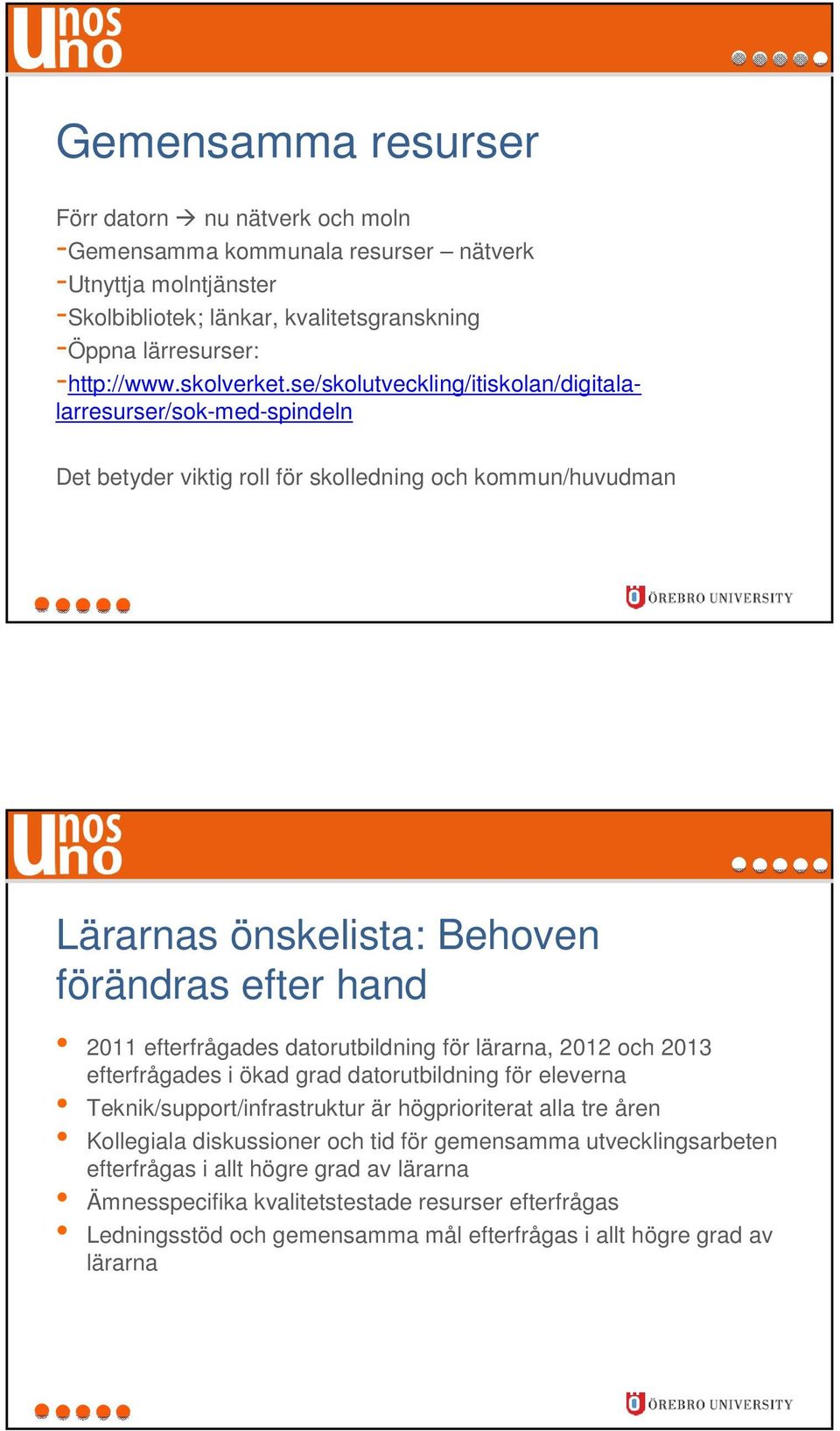 se/skolutveckling/itiskolan/digitalalarresurser/sok-med-spindeln Det betyder viktig roll för skolledning och kommun/huvudman Lärarnas önskelista: Behoven förändras efter hand 2011 efterfrågades