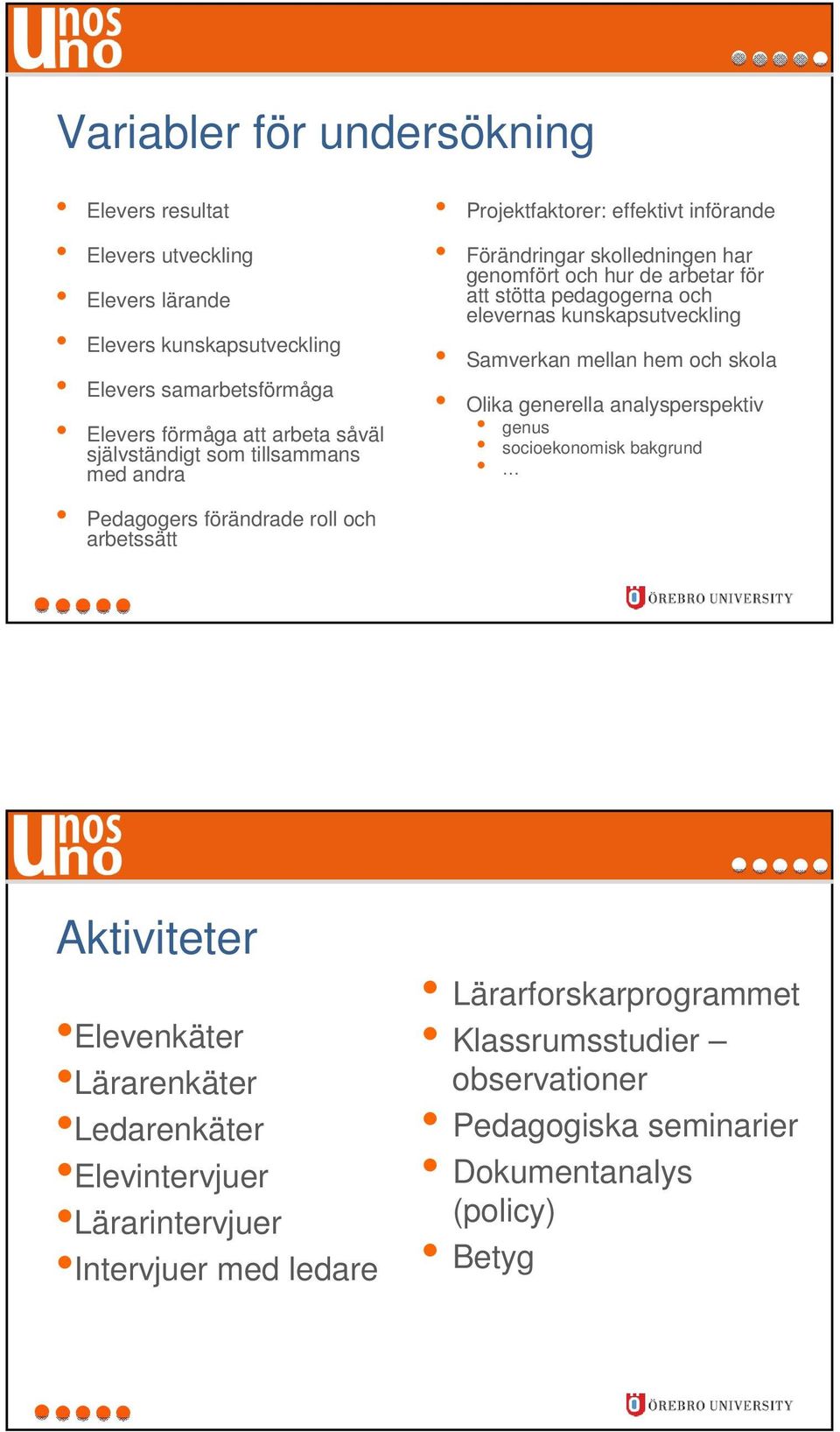 elevernas kunskapsutveckling Samverkan mellan hem och skola Olika generella analysperspektiv genus socioekonomisk bakgrund Pedagogers förändrade roll och arbetssätt Aktiviteter