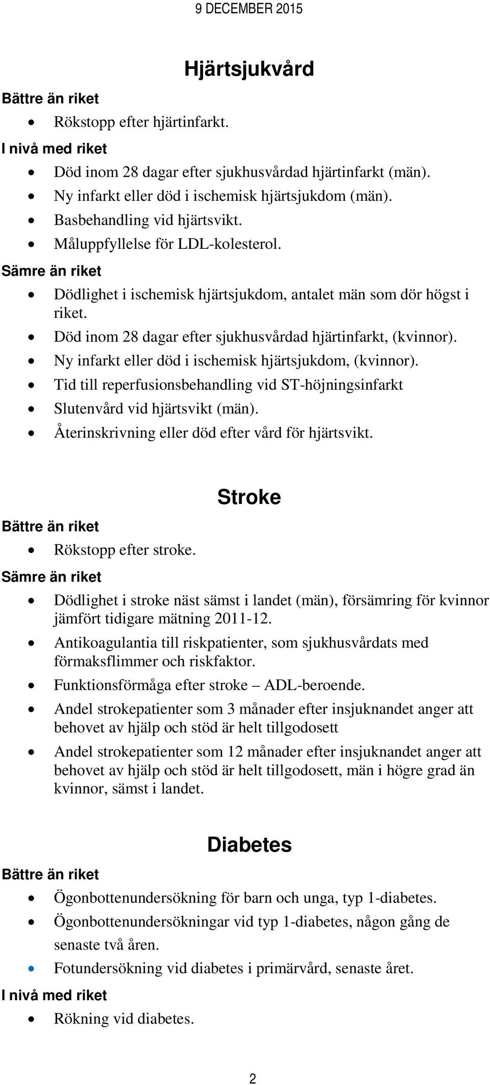 Ny infarkt eller död i ischemisk hjärtsjukdom, (kvinnor). Tid till reperfusionsbehandling vid ST-höjningsinfarkt Slutenvård vid hjärtsvikt (män). Återinskrivning eller död efter vård för hjärtsvikt.