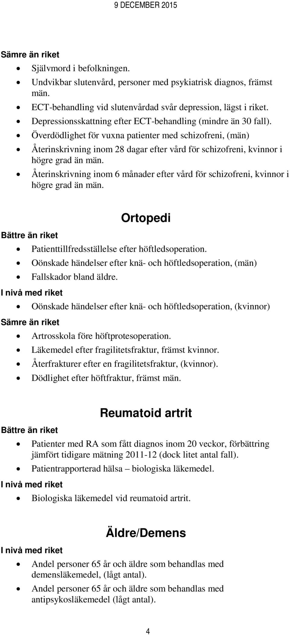 Överdödlighet för vuxna patienter med schizofreni, (män) Återinskrivning inom 28 dagar efter vård för schizofreni, kvinnor i högre grad än män.