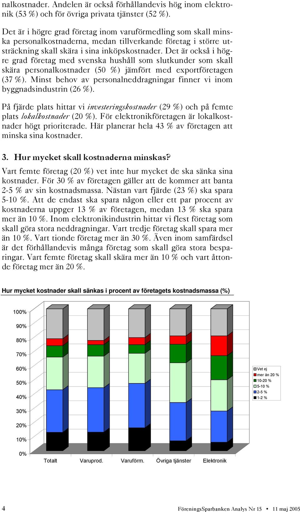 Det är också i högre grad företag med svenska hushåll som slutkunder som skall skära personalkostnader (50 %) jämfört med exportföretagen (37 %).