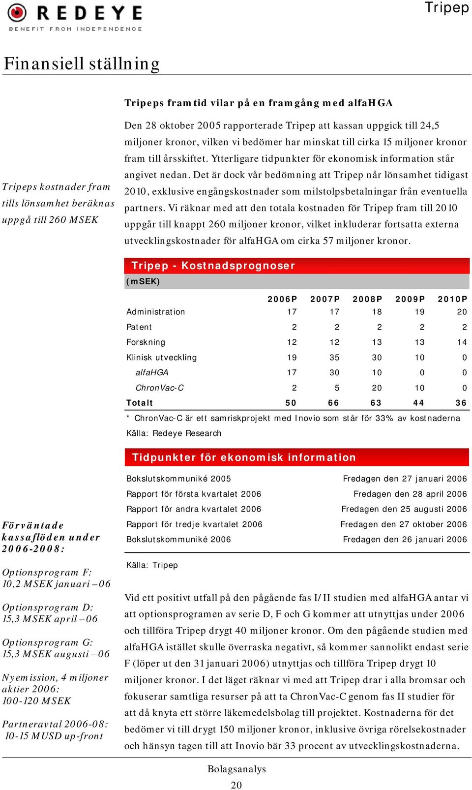 Det är dock vår bedömning att Tripep når lönsamhet tidigast 2010, exklusive engångskostnader som milstolpsbetalningar från eventuella partners.