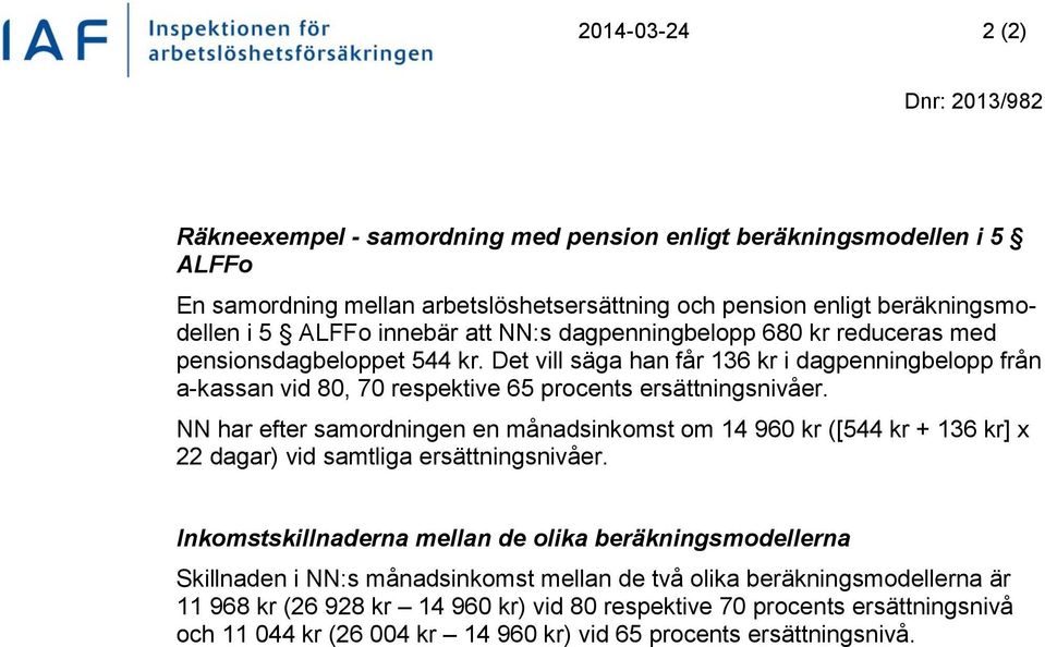 NN har efter samordningen en månadsinkomst om 14 960 kr ([544 kr + 136 kr] x 22 dagar) vid samtliga ersättningsnivåer.