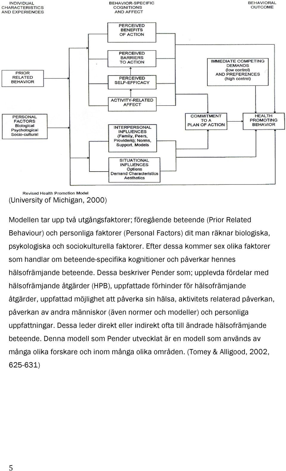 Dessa beskriver Pender som; upplevda fördelar med hälsofrämjande åtgärder (HPB), uppfattade förhinder för hälsofrämjande åtgärder, uppfattad möjlighet att påverka sin hälsa, aktivitets relaterad