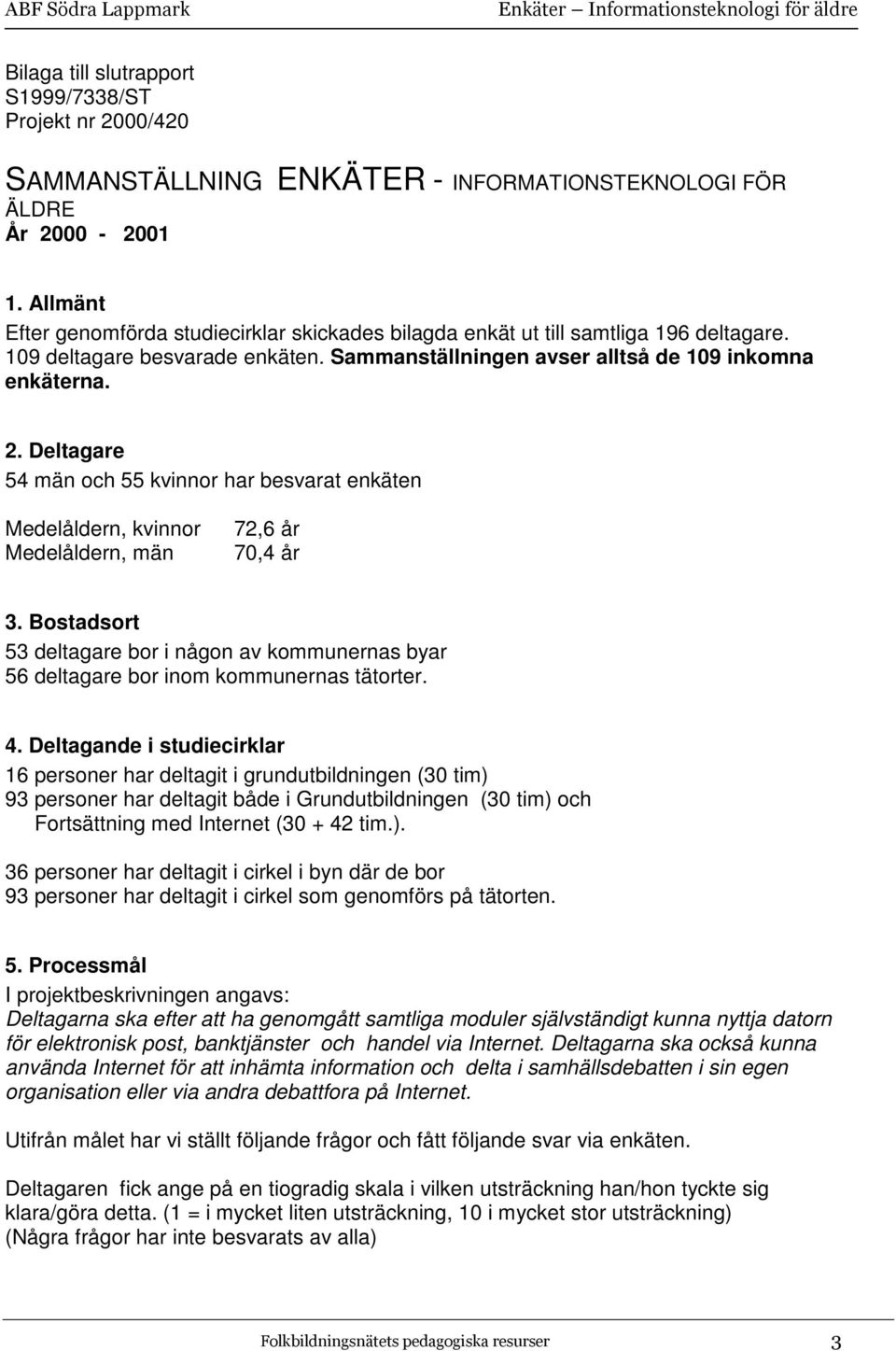 Deltagare 54 män och 55 kvinnor har besvarat enkäten Medelåldern, kvinnor Medelåldern, män 72,6 år 7,4 år 3.