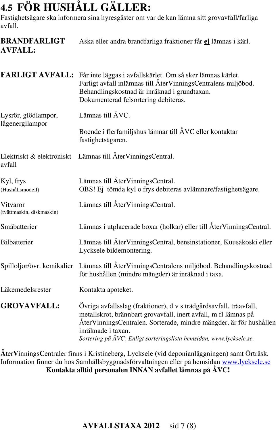 Farligt avfall inlämnas till ÅterVinningsCentralens miljöbod. Behandlingskostnad är inräknad i grundtaxan. Dokumenterad felsortering debiteras. Lysrör, glödlampor, lågenergilampor Lämnas till ÅVC.