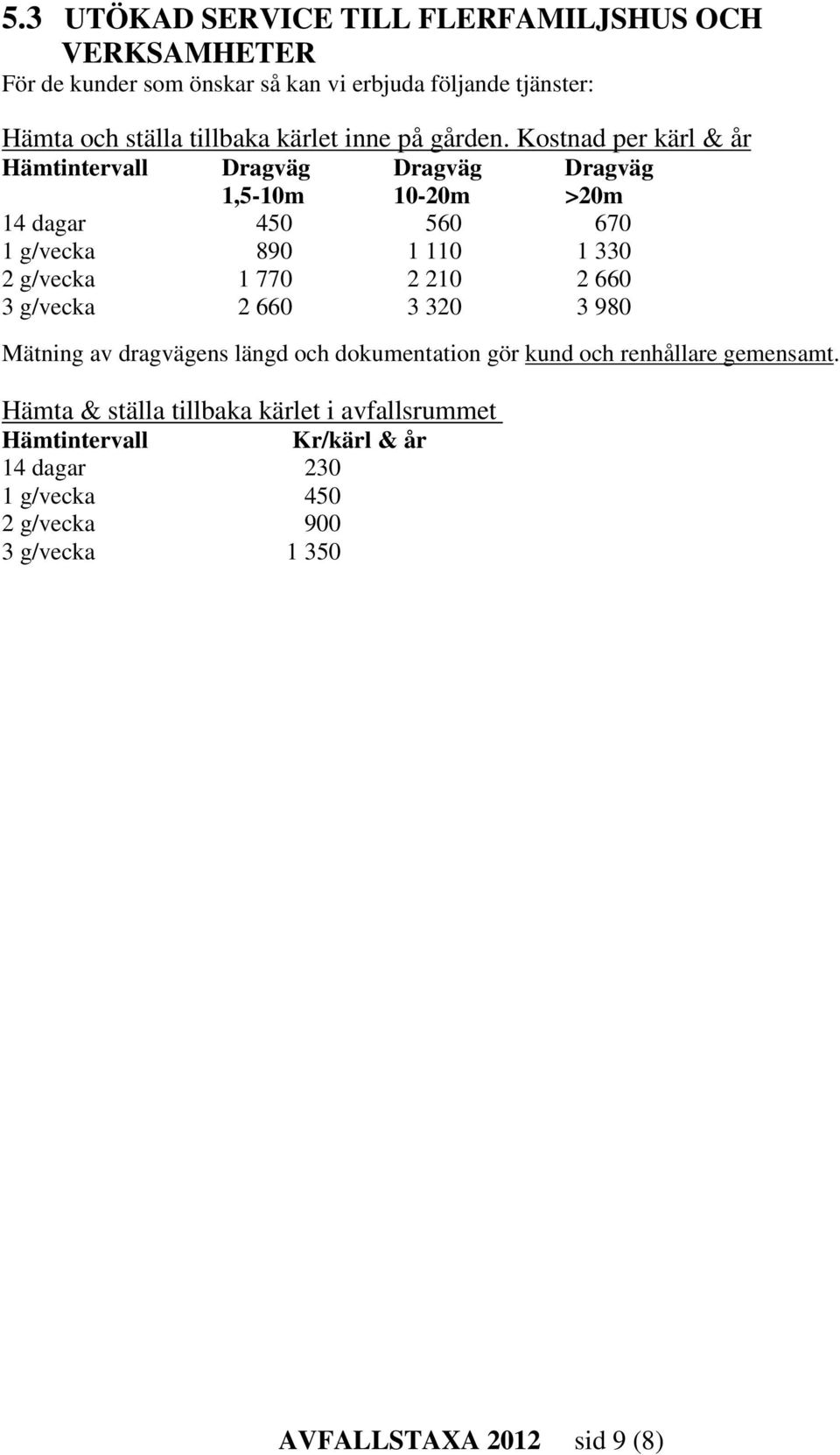 Kostnad per kärl & år Hämtintervall Dragväg Dragväg Dragväg 1,5-10m 10-20m >20m 14 dagar 450 560 670 1 g/vecka 890 1 110 1 330 2 g/vecka 1 770 2