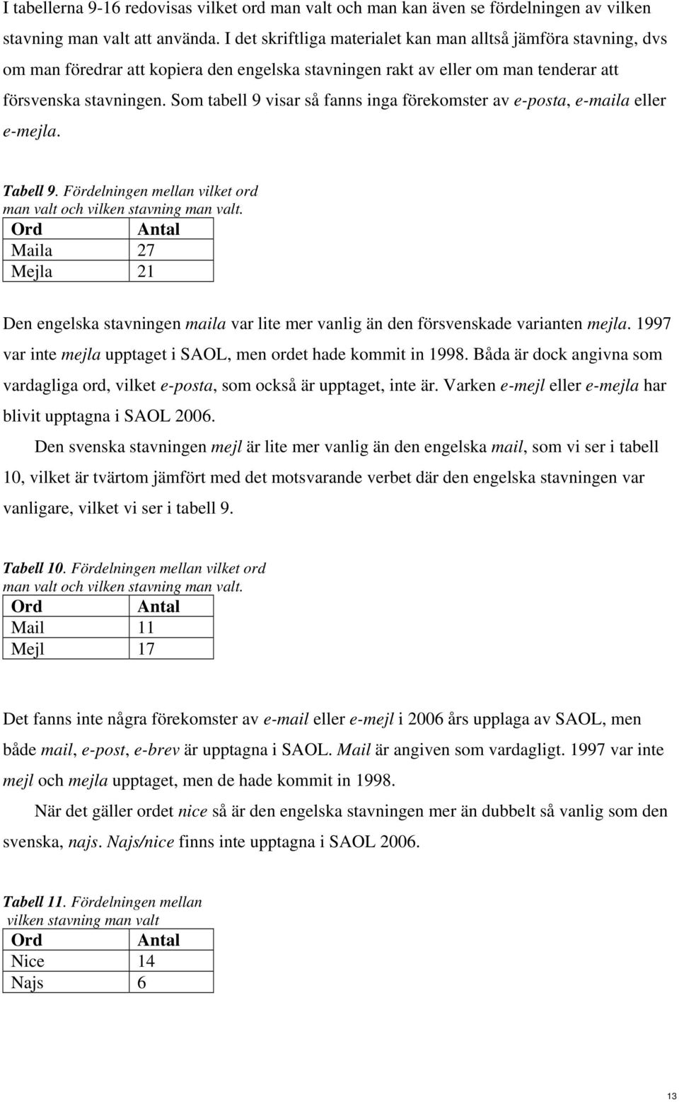 Som tabell 9 visar så fanns inga förekomster av e-posta, e-maila eller e-mejla. Tabell 9. Fördelningen mellan vilket ord man valt och vilken stavning man valt.