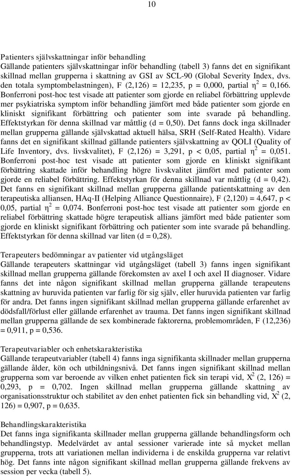 Bonferroni post-hoc test visade att patienter som gjorde en reliabel förbättring upplevde mer psykiatriska symptom inför behandling jämfört med både patienter som gjorde en kliniskt signifikant