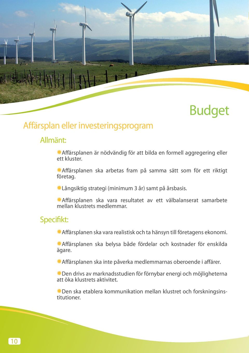 Budget Affärsplanen ska vara resultatet av ett välbalanserat samarbete mellan klustrets medlemmar. Affärsplanen ska vara realistisk och ta hänsyn till företagens ekonomi.