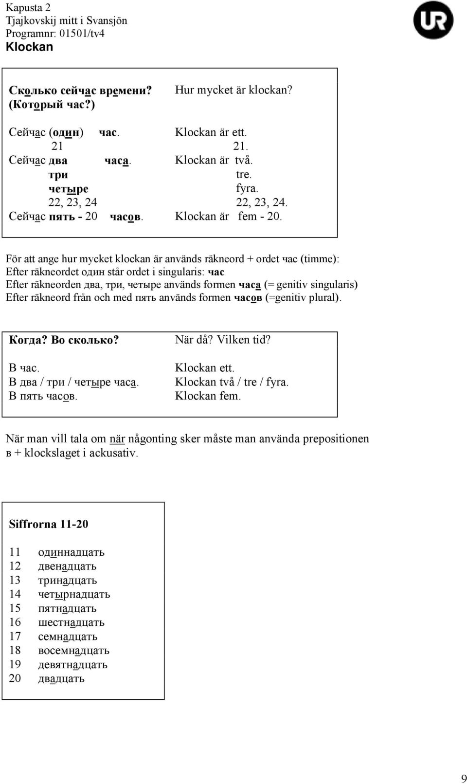 För att ange hur mycket klockan är används räkneord + ordet час (timme): Efter räkneordet один står ordet i singularis: час Efter räkneorden два, три, четыре används formen часа (= genitiv