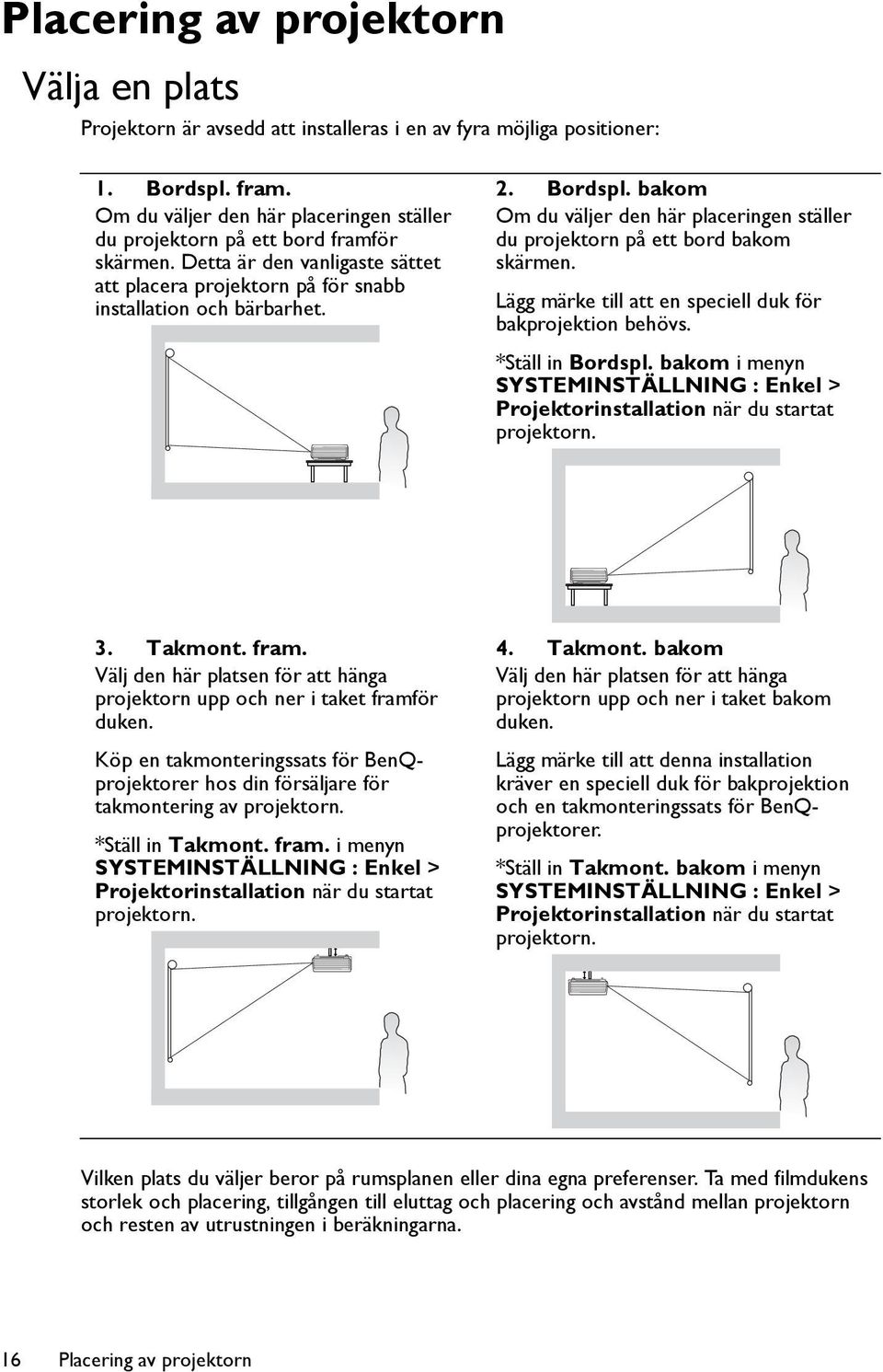 bakom Om du väljer den här placeringen ställer du projektorn på ett bord bakom skärmen. Lägg märke till att en speciell duk för bakprojektion behövs. *Ställ in Bordspl.