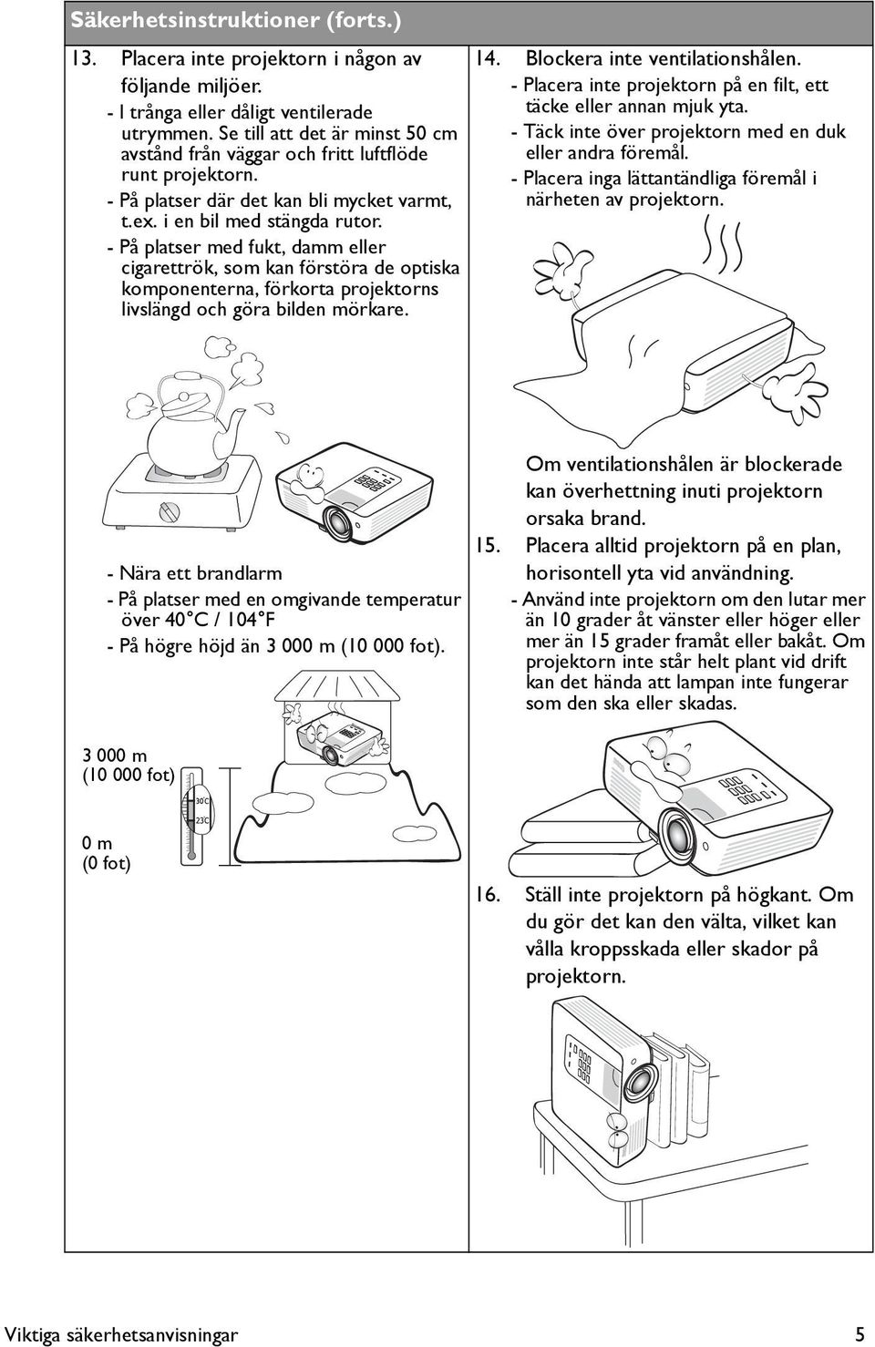 - På platser med fukt, damm eller cigarettrök, som kan förstöra de optiska komponenterna, förkorta projektorns livslängd och göra bilden mörkare. 14. Blockera inte ventilationshålen.